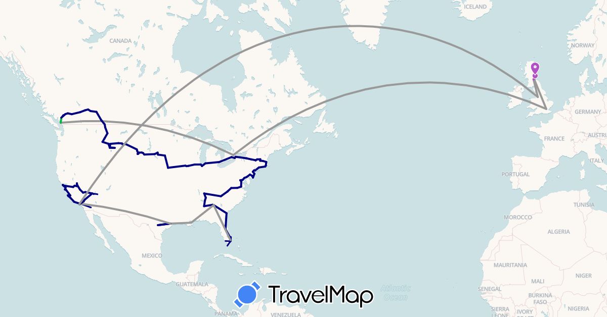 TravelMap itinerary: driving, bus, plane, train in Canada, United Kingdom, United States (Europe, North America)